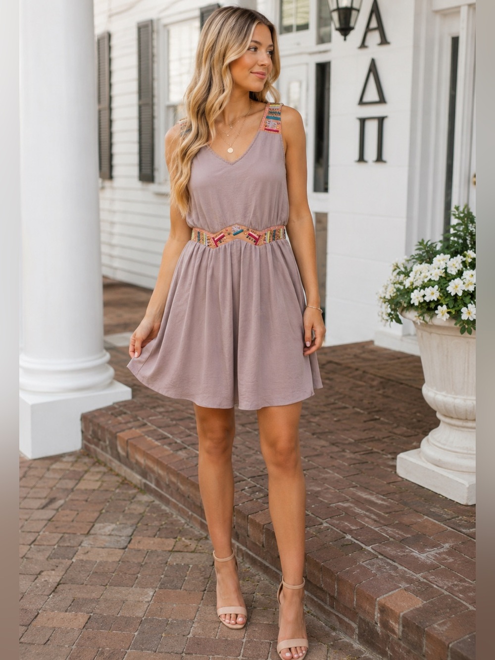 Altar’d State Mauve Embroidered Rush Dress S Sorority Pledge Week Flowy Chiffon